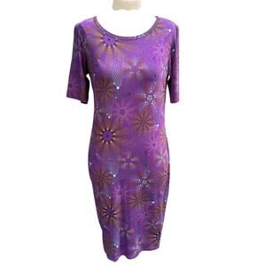 LulaRoe Purple Orange Blue Pink Starburst Scoop Neck Pencil Midi Dress Small